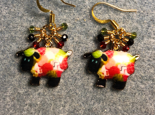 Red, black, and olive green enamel sheep charm earrings adorned with red, black, and olive green Chinese crystal beads.