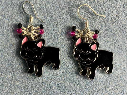 Black and pink enamel French bulldog charm earrings adorned with tiny dangling black and pink Chinese crystal beads.