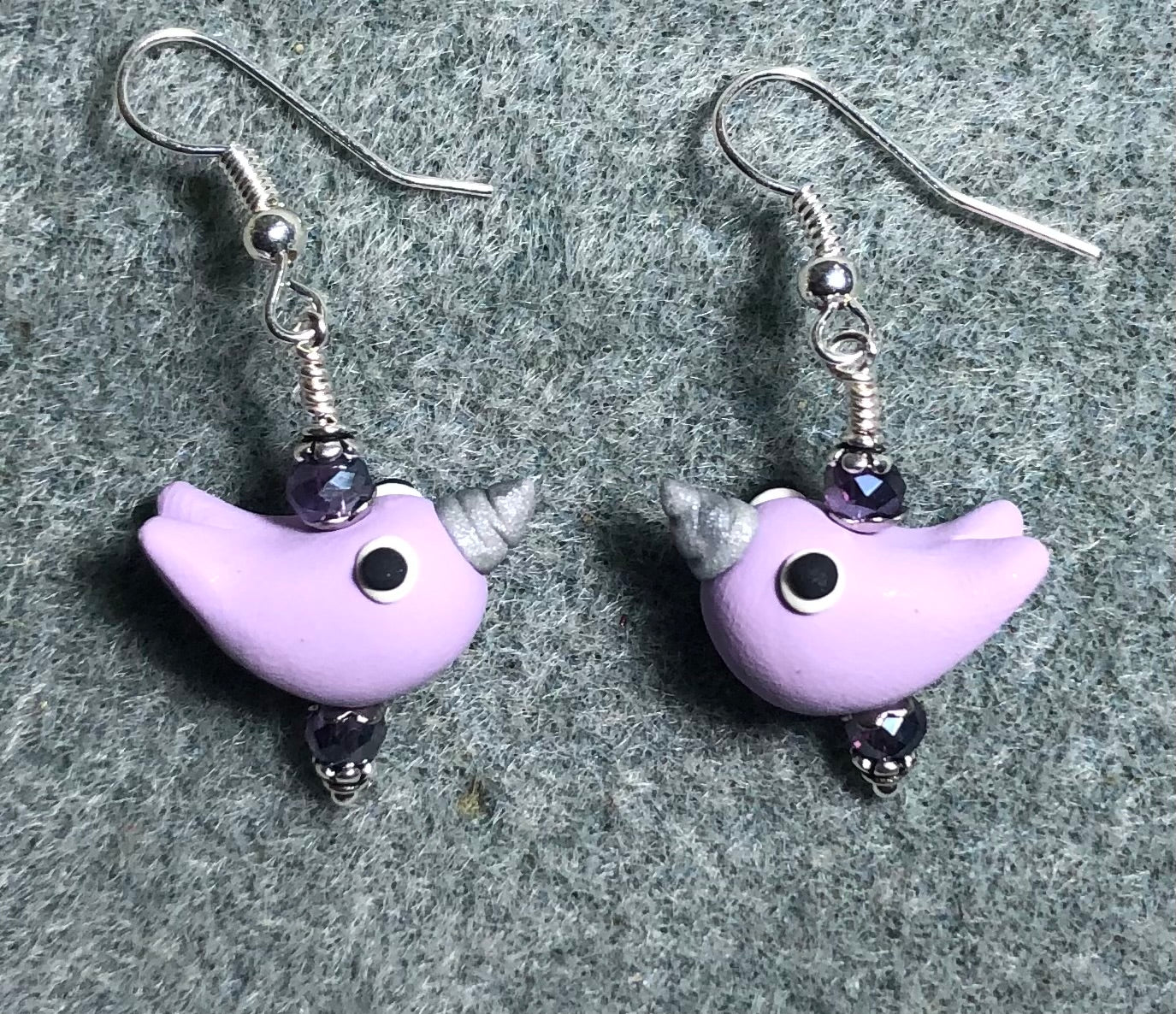 Violet polymer clay bird bead earrings adorned with violet Chinese crystal beads.