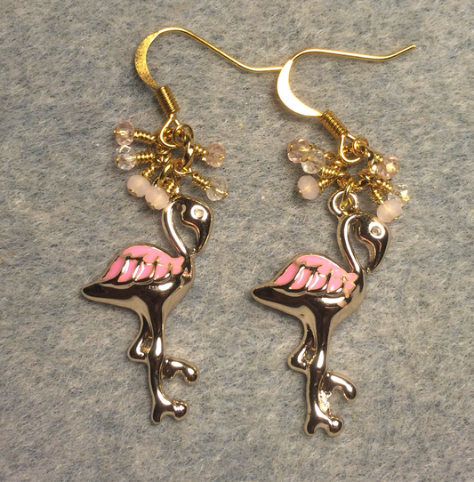 Gold and pink enamel flamingo charm earrings adorned with tiny dangling pink and peach Chinese crystal beads.