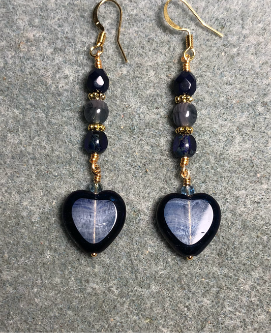 Dark blue and light blue Czech glass heart bead earrings adorned with dark blue and light blue Czech glass beads.
