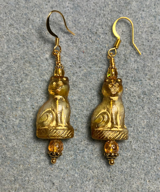 Topaz (with gold inlay) fancy Czech glass cat bead earrings adorned with topaz Czech glass beads.
