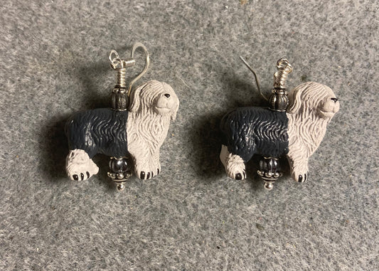 White and grey ceramic sheepdog bead earrings adorned with grey Czech glass beads.