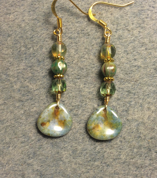 Light green Picasso Czech glass rose petal earrings adorned with light green Czech glass beads.