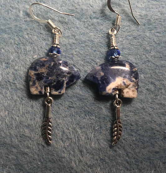 Blue sodalite gemstone Zuni bear fetish bead earrings adorned with blue crystal beads and tiny silver feather charms.