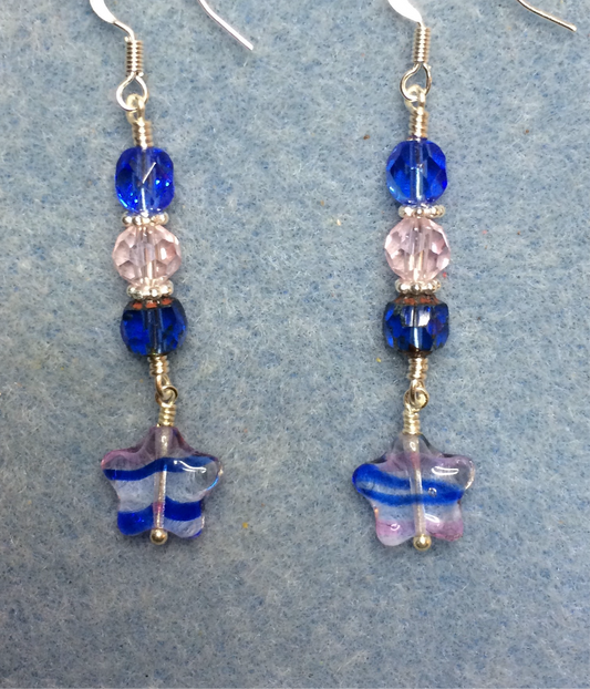 Small blue and pink striped Czech glass star bead earrings adorned with  blue and pink Czech glass beads.