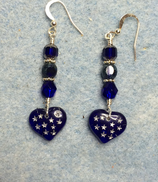 Dark blue Czech glass heart bead earrings adorned with dark blue Czech glass beads.