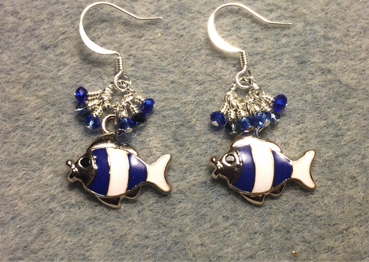 Dark blue and white enamel striped fish charm earrings adorned with tiny dangling dark blue Chinese crystal beads.