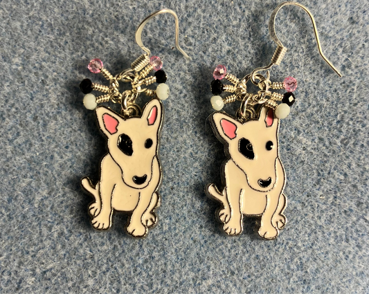 White, black, and pink enamel English bull terrier charm earrings adorned with tiny dangling white, black, and pink Chinese crystal beads.