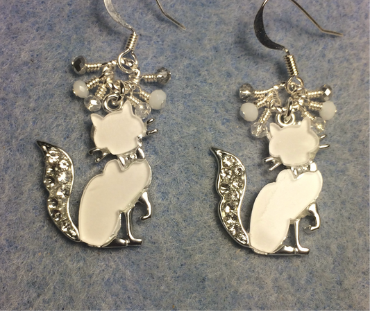 Silver and white resin and rhinestone cat charm earrings adorned with tiny dangling white, silver, and clear Chinese crystal beads.