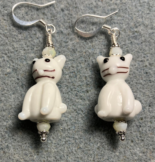 Opaque white lamp cat bead earrings adorned with white Chinese crystal beads.