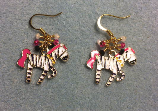 Black, white, and hot pink enamel striped zebra charm earrings adorned with tiny dangling black, white, and hot pink Chinese crystal beads.