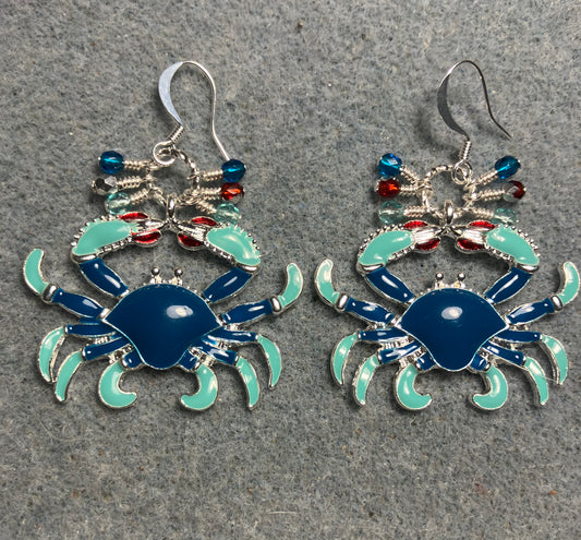 Large blue, aqua, and red enamel crab charm earrings adorned with small dangling blue, aqua, and red Czech glass beads.