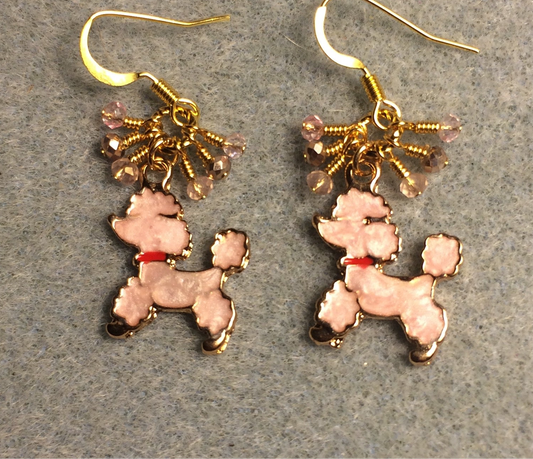 Pink and red enamel poodle charm earrings adorned with tiny dangling pink and gold Chinese crystal beads.