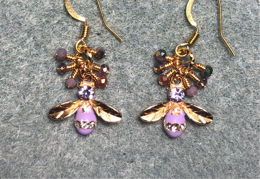 Gold and purple enamel and rhinestone honeybee charm earrings adorned with tiny dangling purple Chinese crystal beads.