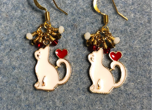 White and red enamel cat charm earrings adorned with tiny dangling white, gold, and red Chinese crystal beads.