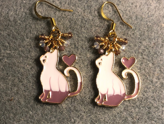 Violet and white enamel cat charm earrings adorned with tiny dangling violet and clear Chinese crystal beads.