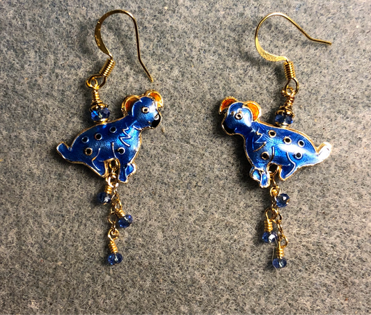 Blue and white vintage cloisonné dog bead earrings adorned with gold chain and tiny blue Chinese crystal beads.