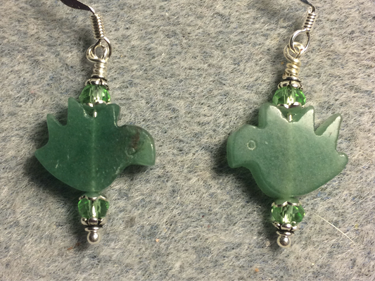 Green aventurine gemstone flying dove bead earrings adorned with green Chinese crystal beads.