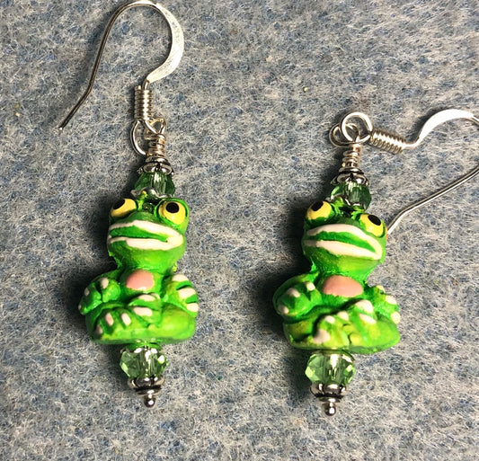 Small green and peach ceramic frog bead earrings adorned with green Chinese crystal beads.