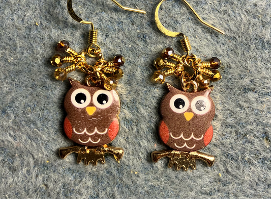 Brown, amber, and red enamel owl charm earrings adorned with tiny dangling brown, gold, and amber Chinese crystal beads.