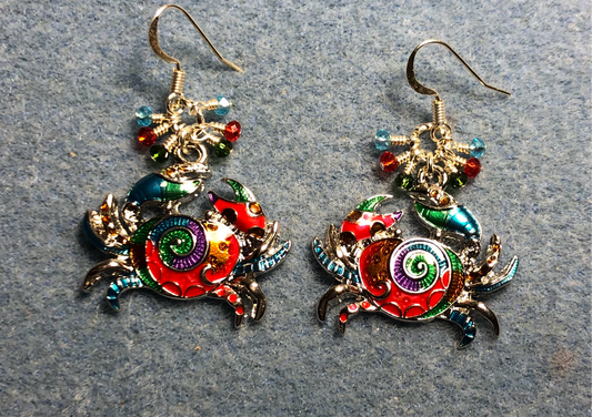 Silver and multicolored enamel crab charm earrings adorned with tiny dangling turquoise, red, and green Chinese crystal beads.