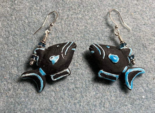 Black and blue ceramic triggerfish bead earrings adorned with blue Chinese crystal beads.