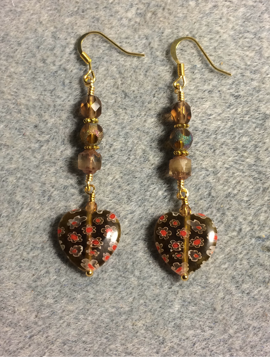 Topaz brown millefiori Czech glass heart bead earrings adorned with topaz brown Czech glass beads.
