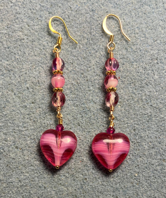 Bright pink Czech glass heart bead earrings adorned with bright pink Czech glass beads.