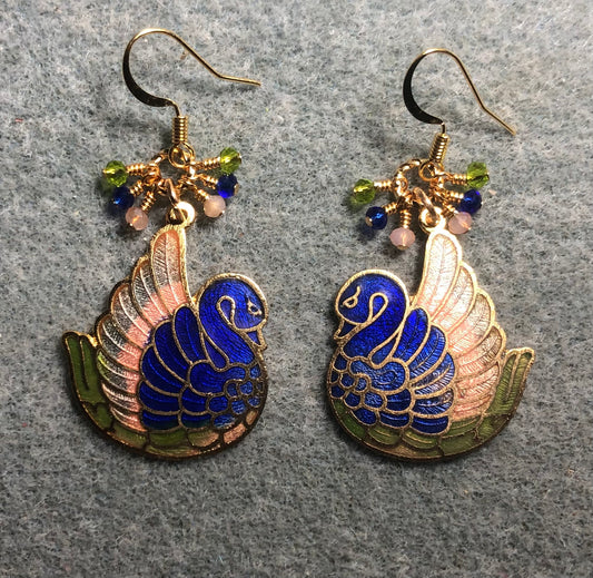 Vintage blue, green, and peach cloisonné swan charm earrings adorned with tiny dangling blue, green, and peach Chinese crystal beads.