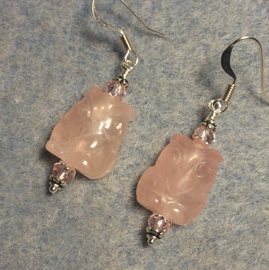 Pink rose quartz gemstone owl bead earrings adorned with pink Chinese crystal beads.