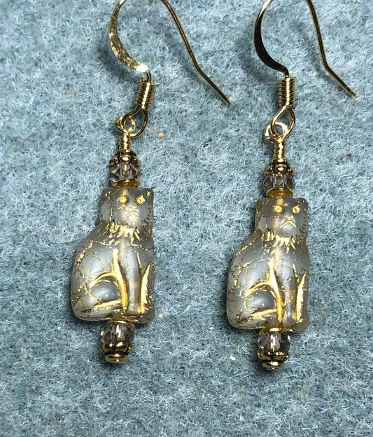 Small gray (with gold inlay) Czech glass cat bead earrings adorned with clear gray Chinese crystal beads.