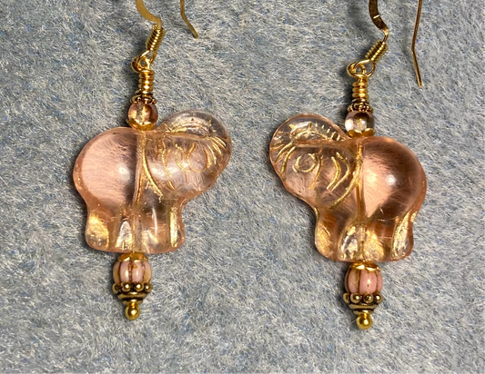 Translucent pink (with gold inlay) Czech glass elephant bead earrings adorned with rose pink Czech glass beads.