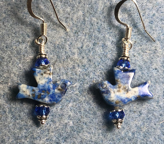 Blue lapis lazuli gemstone flying dove bead earrings adorned with blue Chinese crystal beads.