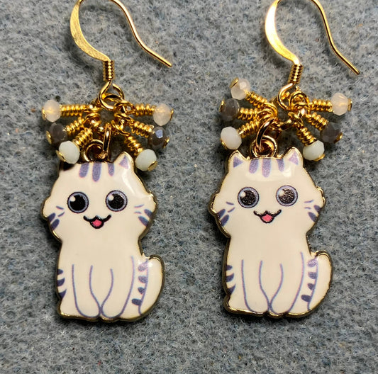 White and gray enamel cat charm earrings adorned with tiny dangling white and gray Chinese crystal beads.