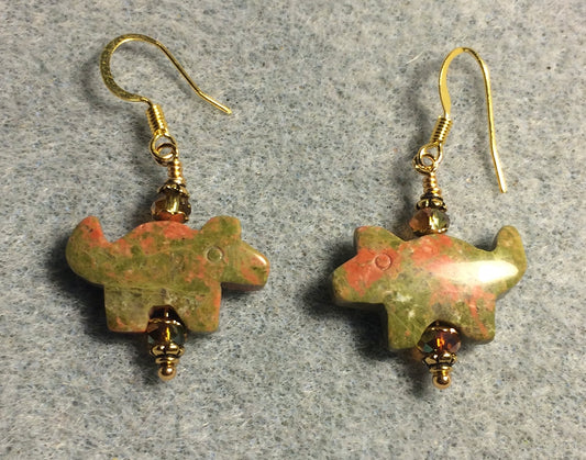 Unakite gemstone squirrel bead earrings adorned with sparkly green Chinese crystal beads.
