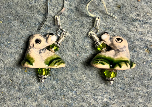 Small beige and olive green ceramic seal bead earrings adorned with olive green Chinese crystal beads.