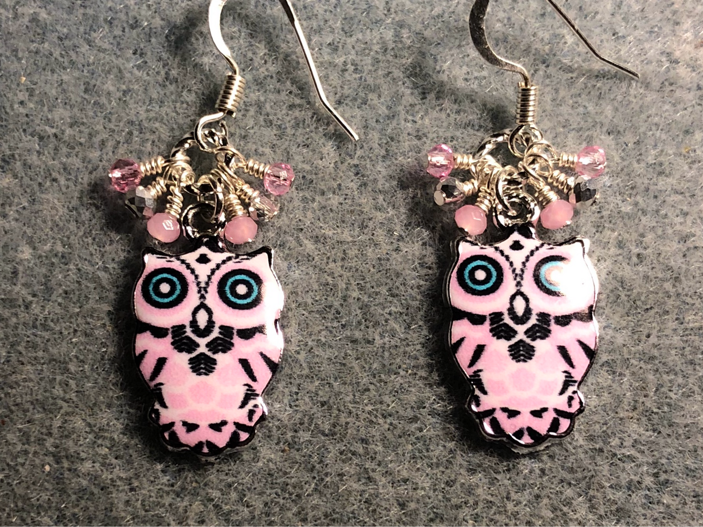 Pink, black, and silver enamel owl charm earrings adorned with tiny dangling pink and silver Chinese crystal beads.