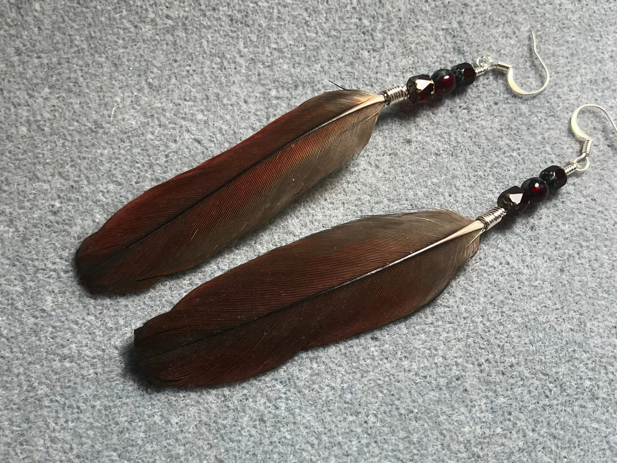 RESERVED FOR BETH: Three pairs of feather earrings: a long gray pair of African gray wing feather earrings, a dark red pair of African gray tail feather earrings, and a dark gray pair of small African gray body feather earrings