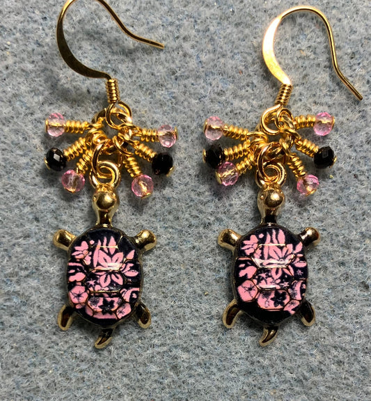 Pink and black enamel turtle charm earrings adorned with tiny dangling pink and black Chinese crystal beads.