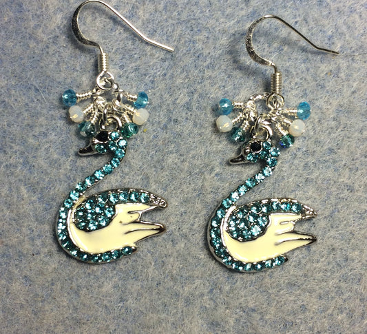 Turquoise and white enamel and rhinestone swan charm earrings adorned with tiny dangling turquoise and white Chinese crystal beads.