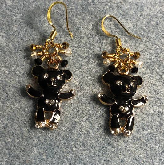 Black enamel and rhinestone teddy bear charm earrings adorned with tiny dangling black, gold, and clear Chinese crystal beads.