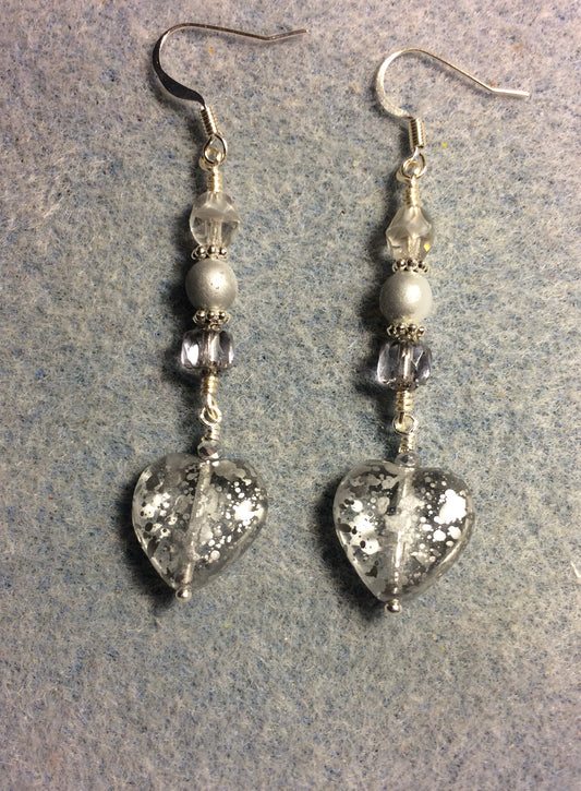 Sparkly silver Czech glass heart bead earrings adorned with silver gray Czech glass beads.