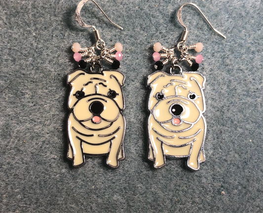 White, black, and pink enamel bulldog charm earrings adorned with tiny dangling white, black, and pink Chinese crystal beads.