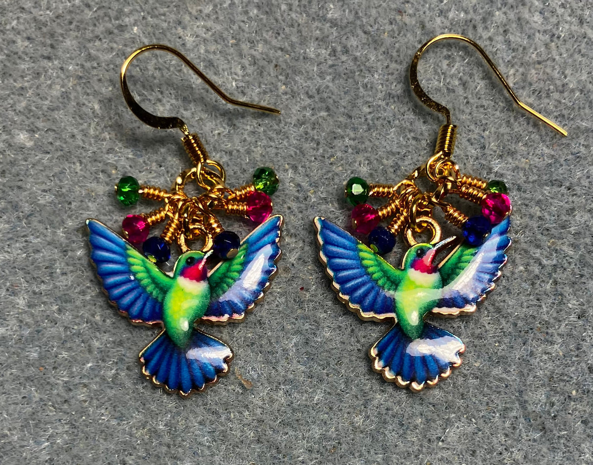 Blue, hot pink, and green enamel hummingbird charm earrings adorned with tiny dangling blue, hot pink, and green Chinese crystal beads.