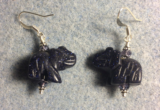 Blue goldstone gemstone elephant bead earrings adorned with purple Chinese crystal beads.