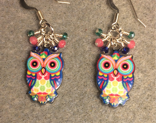 Pink, dark blue, and teal enamel owl charm earrings adorned with tiny dangling pink, dark blue, and teal Chinese crystal beads.