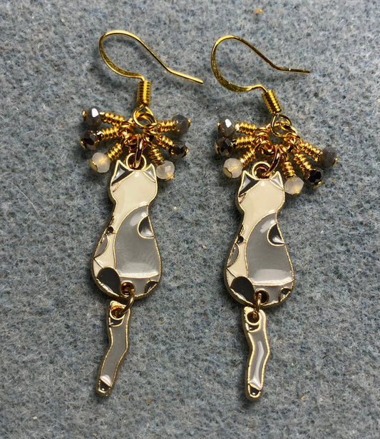 Dark gray , light gray, and white enamel cat charm earrings adorned with tiny dangling dark gray, light gray, and white Chinese crystal beads.