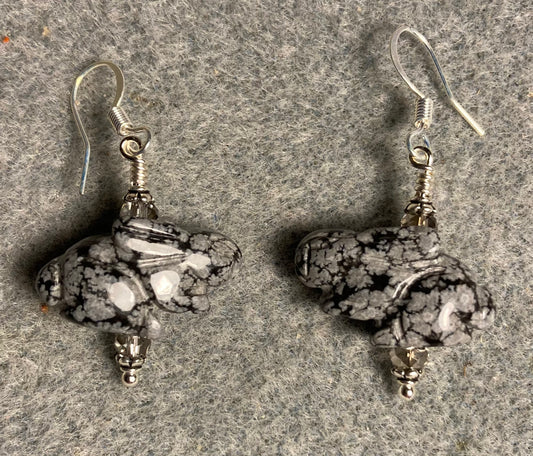 Snowflake obsidian gemstone rabbit bead earrings adorned with clear gray Chinese crystal beads.