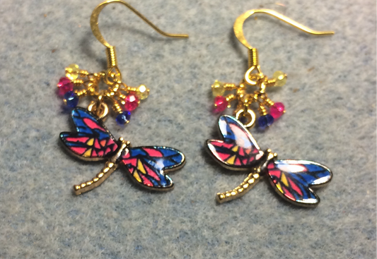 Hot pink, blue, and yellow enamel dragonfly charm earrings adorned with tiny dangling hot pink, blue, and yellow Chinese crystal beads.